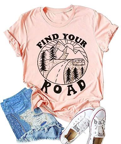 LANMERTREE Find Your Road O Neck T-Shirt Women Funny Letter Print Short Sleeve Blouse Tee | Amazon (US)