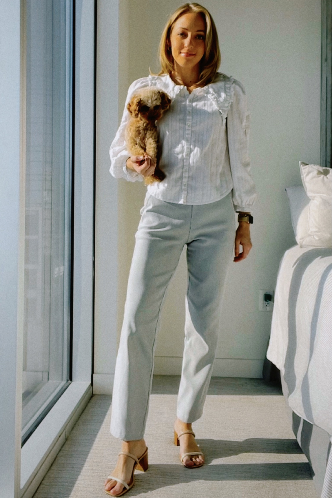 The perfect end-of-summer fall outfit! White button down with statement ruffle collar, trousers and block heel sandal. Top from LoveShackFancy, Nordstrom pants, earrings from Target, Apple Watch with nude band and Rembrandt charm bracelet. 🤍
grwm, work fit, what I wore, office outfit, corporate outfit, summer workwear, fall workwear, fall outfit, transition outfit, business casual, smart casual, what to wear, corporate fashion, office fashion, ootd, office ootd, Business attire, Professional wear, Office outfits

#LTKunder100 #LTKworkwear #LTKstyletip

#LTKworkwear #LTKstyletip #LTKSeasonal