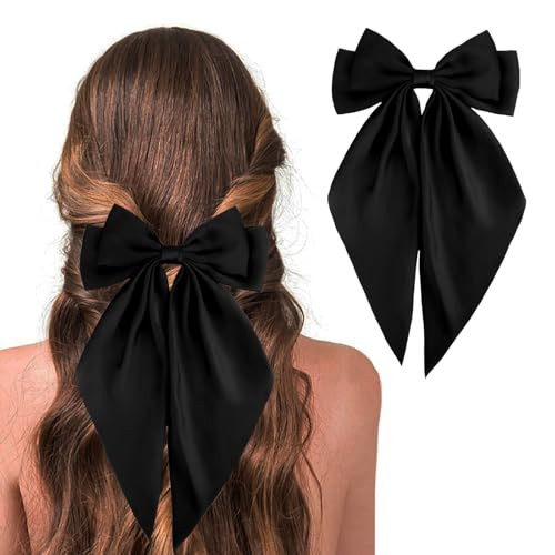 Black Hair Bows for Women Satin Silk Hair Bow Hair Ribbons Oversized Long Tail Bow Hair Clips Large Hair Ribbon Barrettes Metal Clips Bowknot Cute Girls Hair Accessories | Amazon (US)