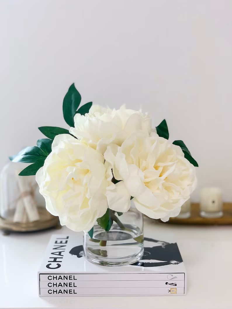 White Peony Arrangement-Artificial Faux Centerpiece-Real Touch Peony Arrangement-Silk Flowers in ... | Etsy (US)
