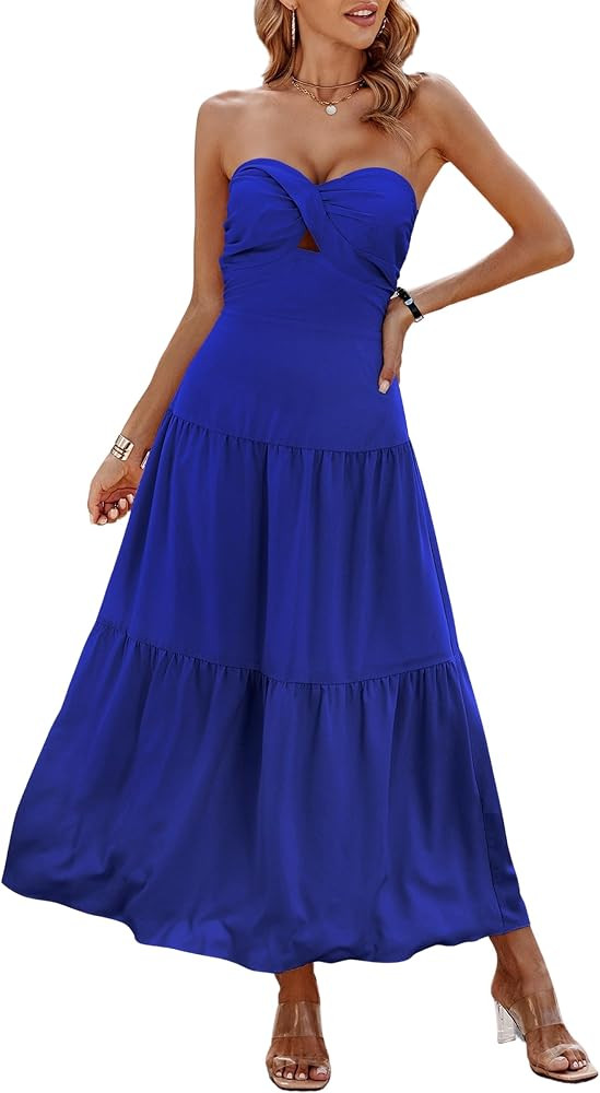 ECOWISH Womens Summer Strapless Smocked A Line Maxi Dress | Amazon (US)