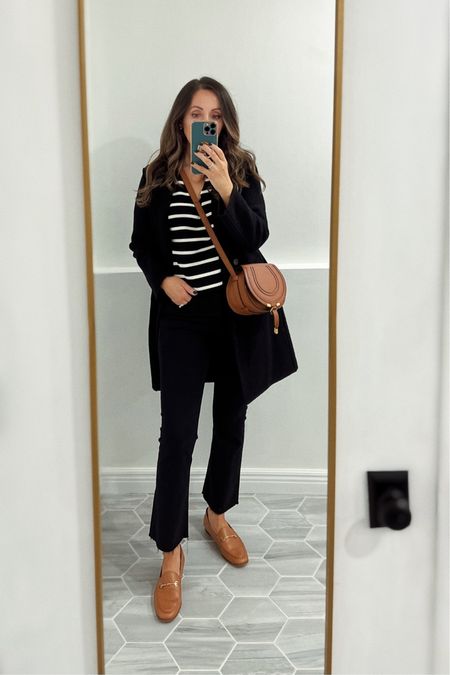 Everything runs tts. Light wool coat is on sale - comes in more colors. Loafers are still the best - chic and super comfortable. 

#loafers #falloutfit #motherjeans #stripesweater 

#LTKSeasonal #LTKshoecrush #LTKstyletip
