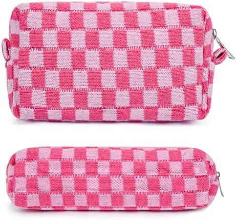 Amazon.com : SOIDRAM Makeup Bag Checkered Cosmetic Bag Pink Makeup Pouch 1Pcs Large Capacity Make... | Amazon (US)