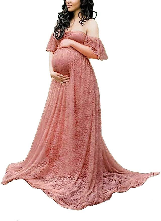 Maternity Photography Props Floral Lace Dress Fancy Pregnancy Gown for Baby Shower Photo Shoot | Amazon (US)