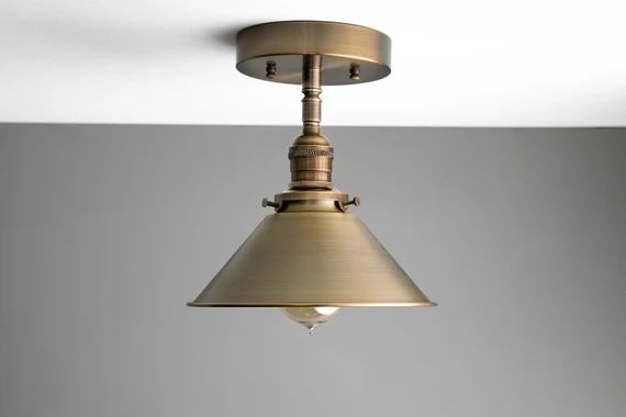 Antique Brass Ceiling Light - Industrial Metal Shade - Farmhouse Lighting - Flush Fixture - Model... | Etsy (US)