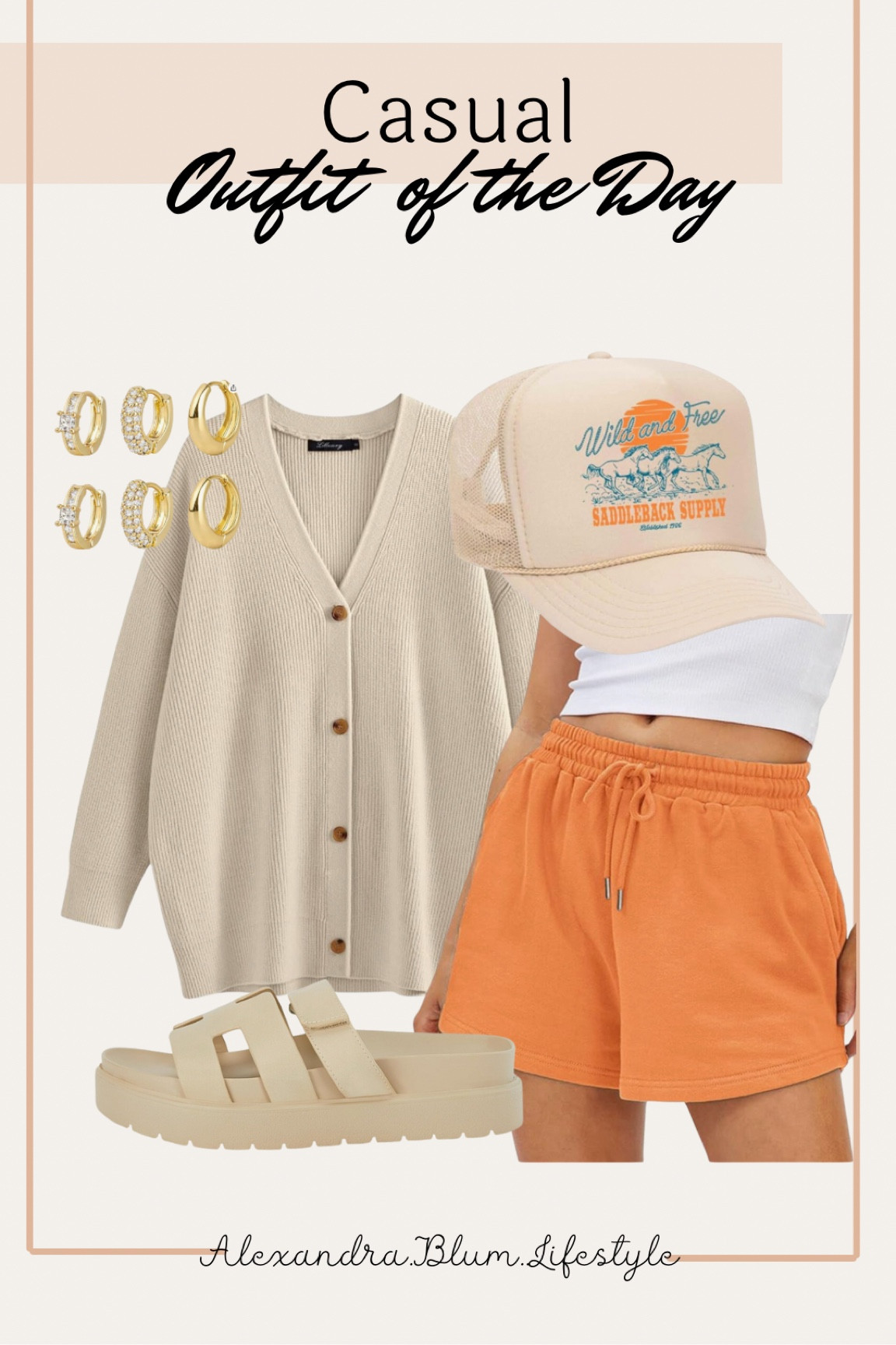 Casual outfit ideas from Amazon! Gold hoop huggie earrings, elastic comfy orange shorts, beige slide sandals, white cardigan sweater, and baseball trucker hats! Amazon fashion! Amazon trends! Amazon finds! 

#LTKFindsUnder50 #LTKMidsize #LTKSeasonal