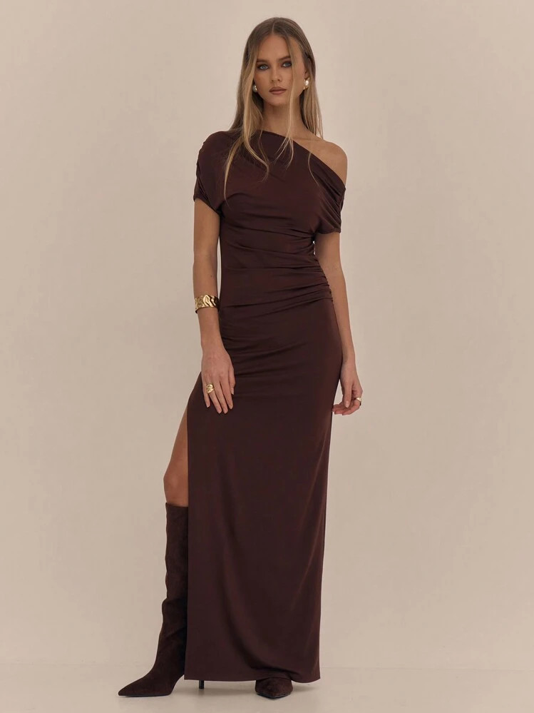 MUSERA Asymmetrical Shoulder Ruched Side Split Maxi Dress Spring Romantic Birthday Prom Wedding Guest Graduation Holiday Ibiza Beach Festival Fall Wedding Guest, Elegant Christmas, Halloween, Fall, Winter | SHEIN