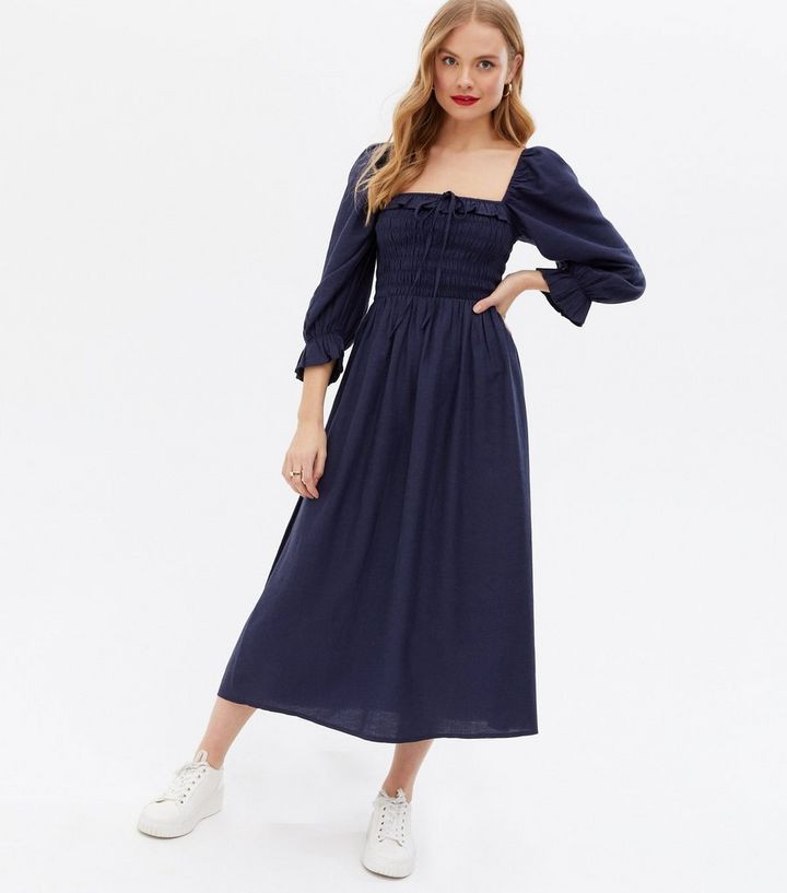 Navy Shirred Frill Square Neck Midi Dress
						
						Add to Saved Items
						Remove from Saved... | New Look (UK)
