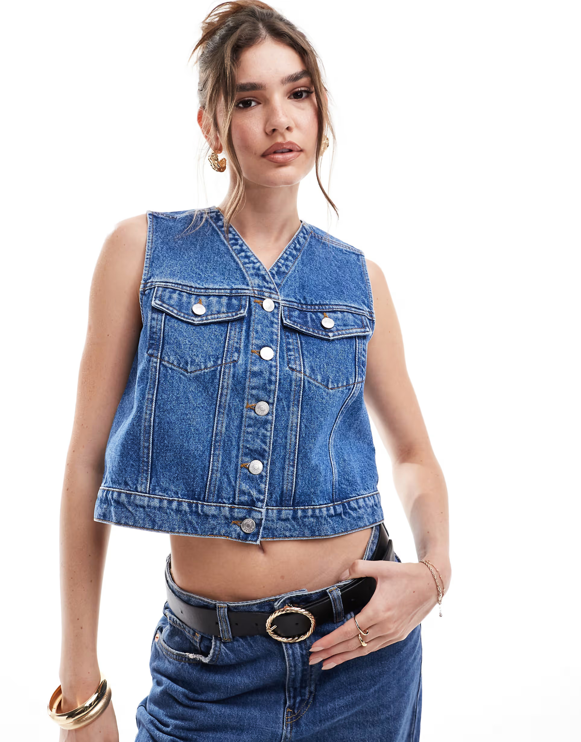 ASOS DESIGN denim boxy western waistcoat in mid blue | ASOS (Global)