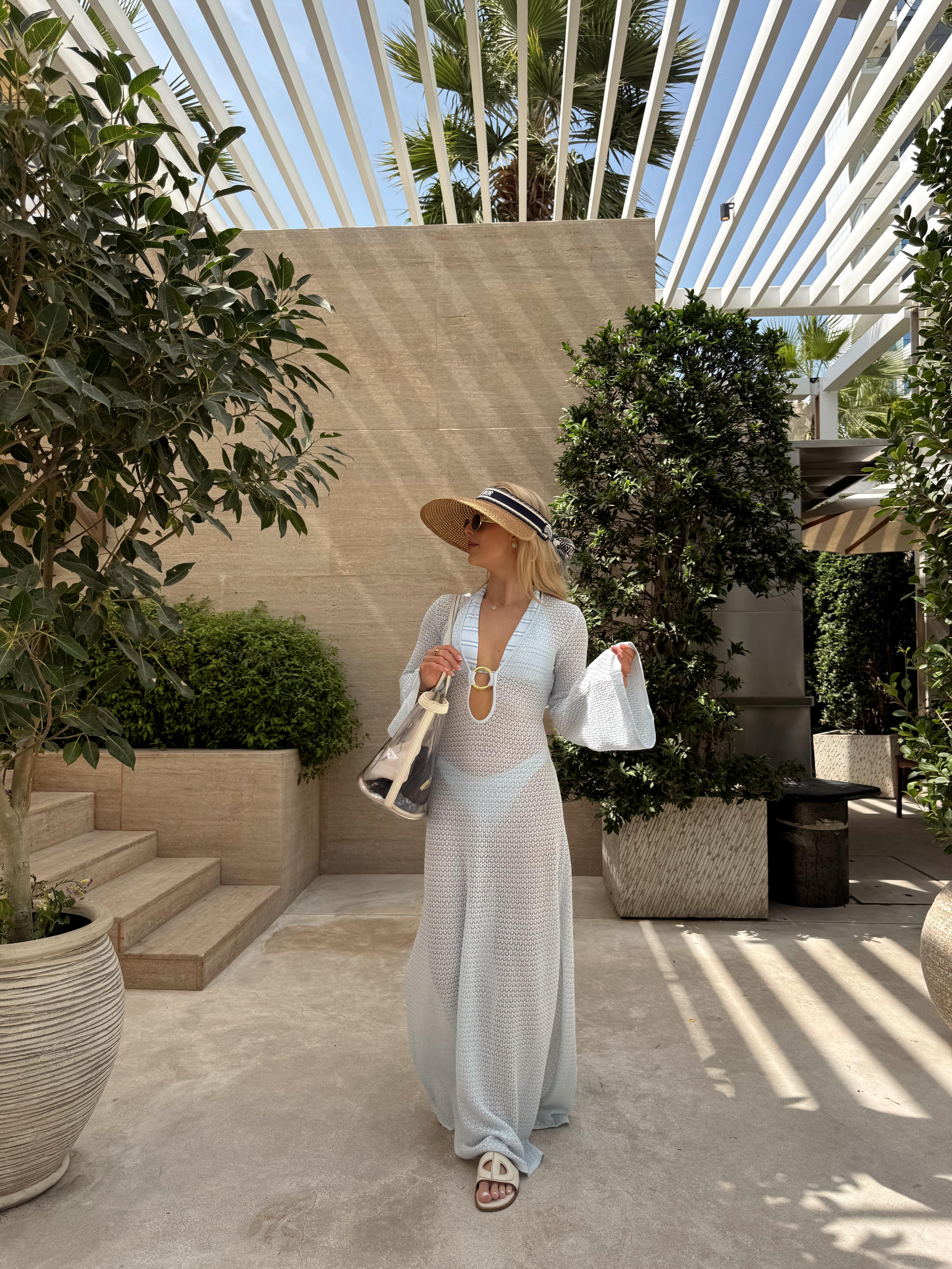 Beach day outfit, winter sun holiday, Dubai outfit ideas, beach club outfit, pool day outfit, Monday Swim, crochet dress, blue stripe bikini, summer style, holiday outfit inspo  

 #LTKuk #LTKspring #LTKstyletip