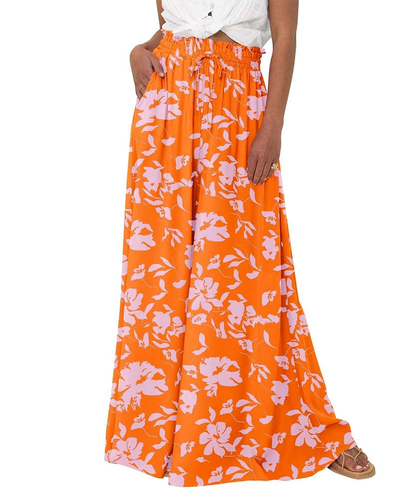 BTFBM Women Casual High Waist Wide Leg Pants Summer Floral Solid Long Palazzo Pants Lounge Beach ... | Amazon (US)