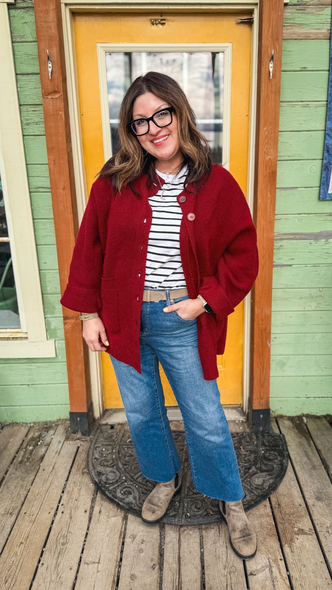 AE Next level jeans, sz 12 regular
Old Navy tee, L
Banana Republic Factory belt, L
J. Crew sweater, XL (sold out, I think) 
Blundstone boots 

#LTKMidsize #LTKStyleTip #LTKOver40