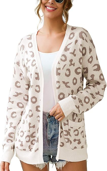 Angashion Oversized Long Sleeve Leopard Print Knit Cardigan Open Front Sweaters for Women with Po... | Amazon (US)
