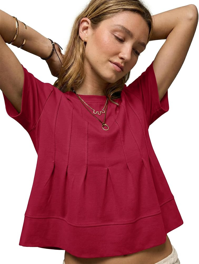 LOMON Spring Peplum Tops for Women Babydoll Pleated Short Sleeve Crop Swing Shirts Blouses Trendy... | Amazon (US)