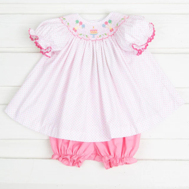 Birthday Party Smocked Dotted Bishop Bloomer Set | Classic Whimsy