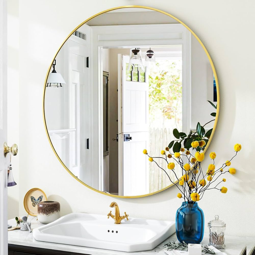 Gold Round Bathroom Mirror, 24 inch Circle Mirror, Round Wall Mirror with Simple Metal Frame, Mod... | Amazon (US)