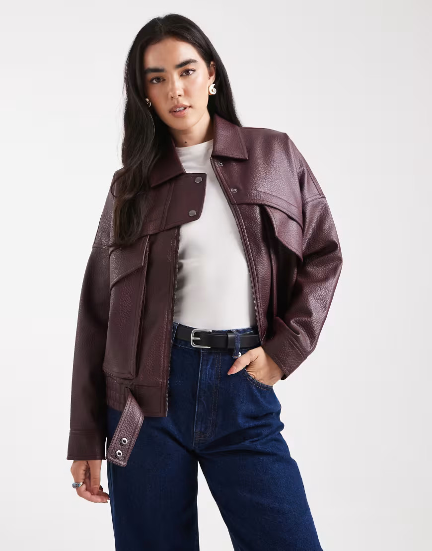 4th & Reckless grained faux leather pocket detail bomber jacket in burgundy-Red | ASOS (Global)