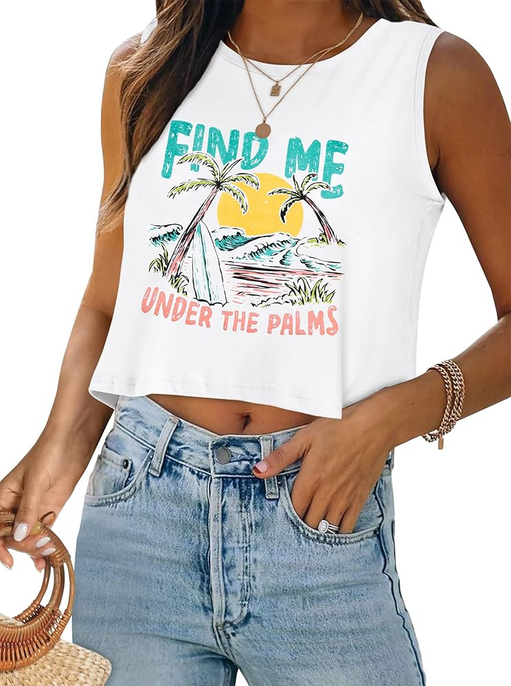 Women Summer Crop Tank Top Beach Shirt Hawaiian Tank Top Funny Vacation Sexy Sleeveless Tshirt | Amazon (US)