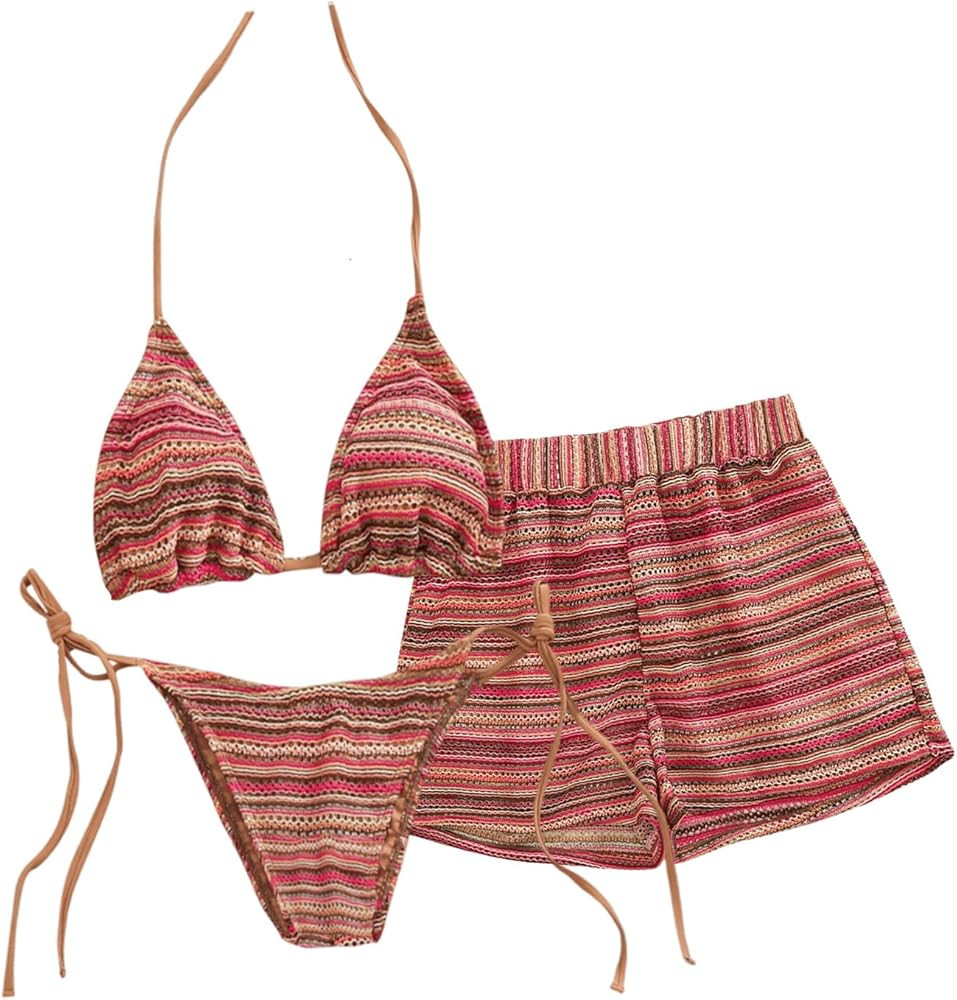 GORGLITTER Women's 3 Piece Summer Beach Thong Bikini Set Striped Halter Triangle String Swimsuit ... | Amazon (US)