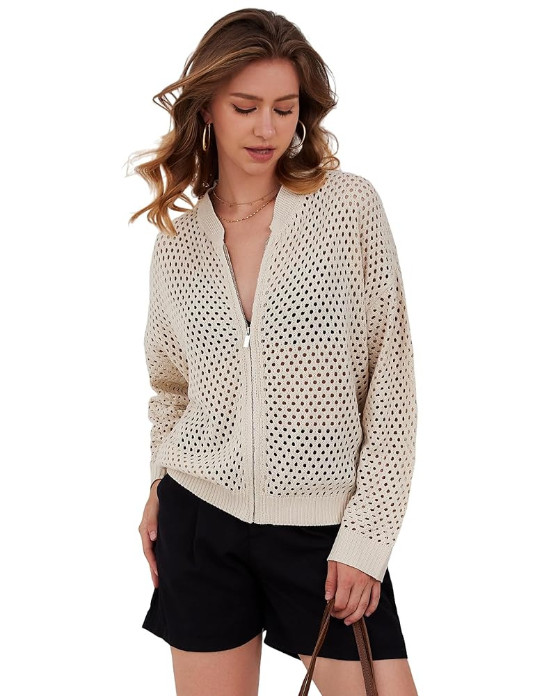 Womens Zip Up Crochet Cardigan Sweater Oversized Long Sleeve Hollow Out Knit Bomber Jacket Fishne... | Amazon (US)