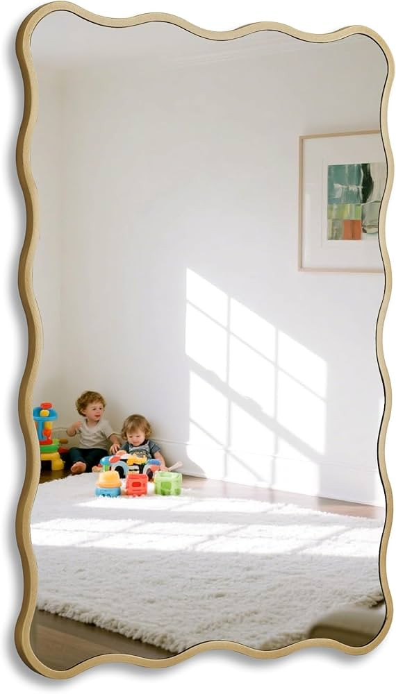 Gold Wavy Bathroom 20x30 Rectangle Scalloped Farmhous Mirror Modern Wood Farme Mirror Wall Mirror... | Amazon (US)