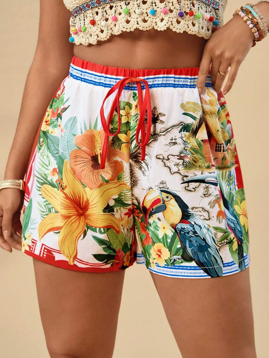 Travachic Plus Size Women's Boho Tropical Toucan,Lily Print,Summer Casual, Beach Holiday Short Sh... | SHEIN