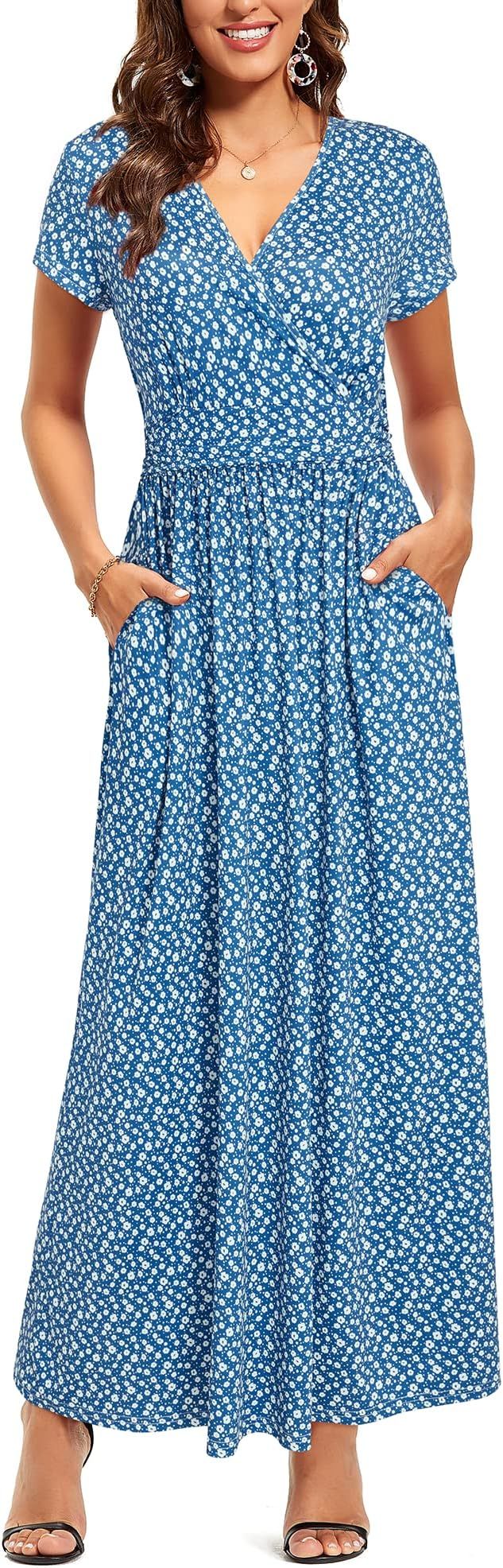 OUGES Women's V-Neck Pattern Pocket Maxi Long Dress | Amazon (US)