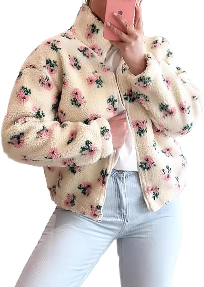 chouyatou Women's Cute Floral Faux Fur Fleece Coat Y2k Casual Stand Collar Zip Up Winter Sherpa J... | Amazon (US)