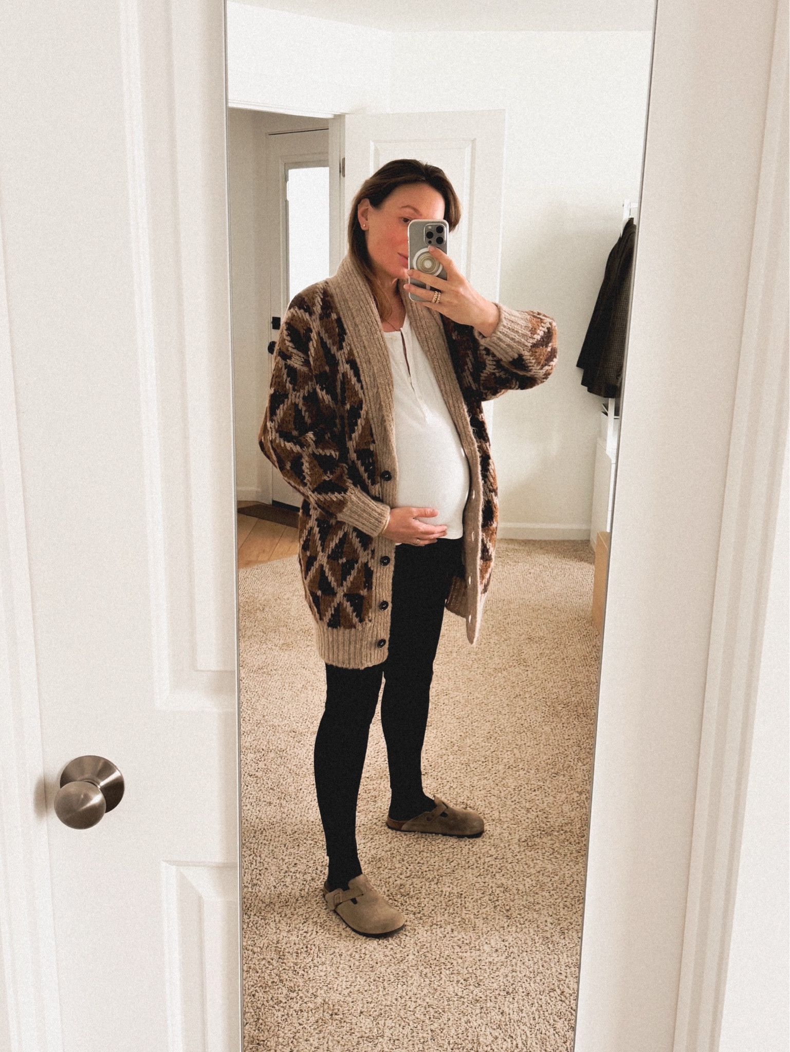 Merry Christmas! 🎄
Staying in, cozy and warm, waiting for the little one to come any day now; wearing Birkenstock Boston clogs + H&M mama before and after leggings + Madewell waffle-knit scoopneck Henley tee + Frame grandfather alpaca blend shawl cardigan (on sale right now so treat yourself!) 🎁🎄

#LTKSeasonal #LTKSaleAlert #LTKBump