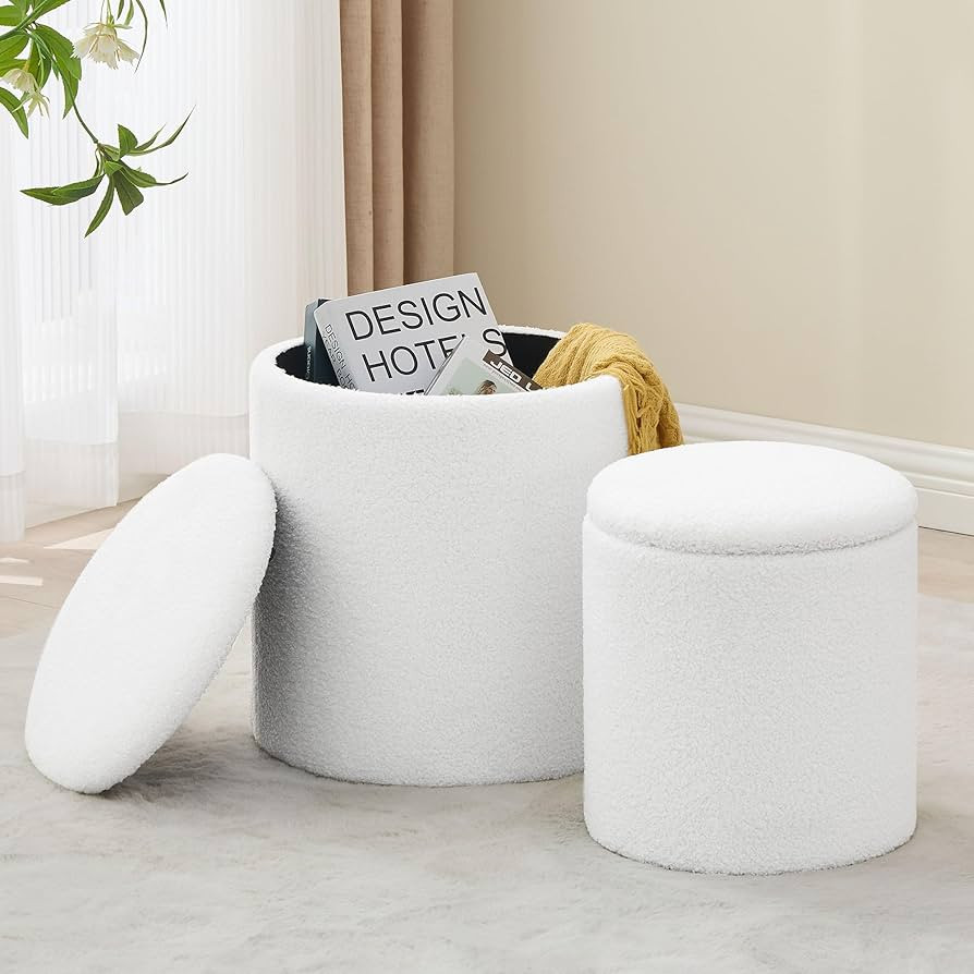 Round Set of 2 Ottoman with Storage, Boucle Storage Ottoman Foot Stool, Soft Teddy Upholstered Sm... | Amazon (US)