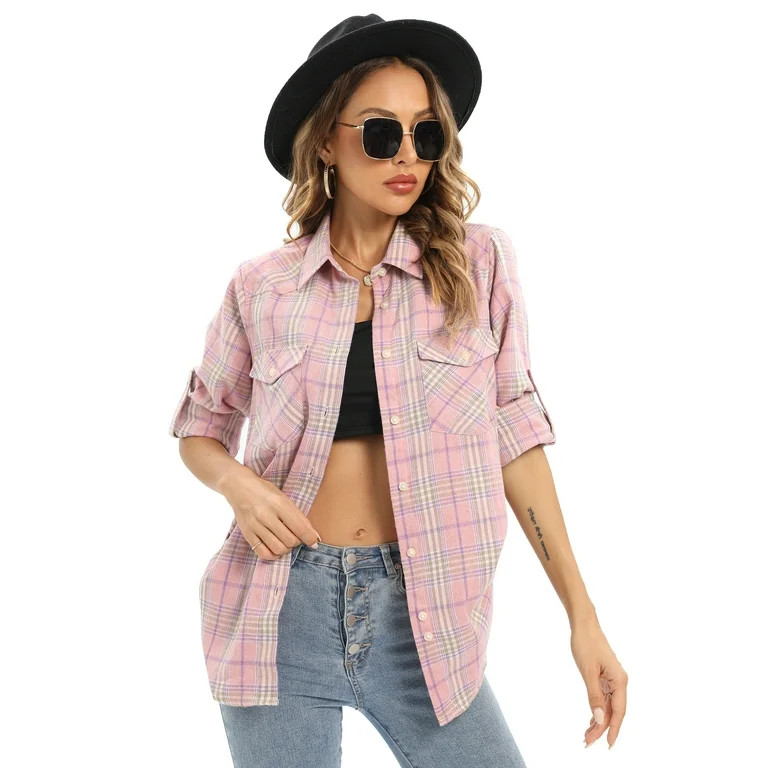Siliteelon Womens Long Sleeve Flannel Plaid Shirt with Pockets Casual Cuffed Shirts | Walmart (US)