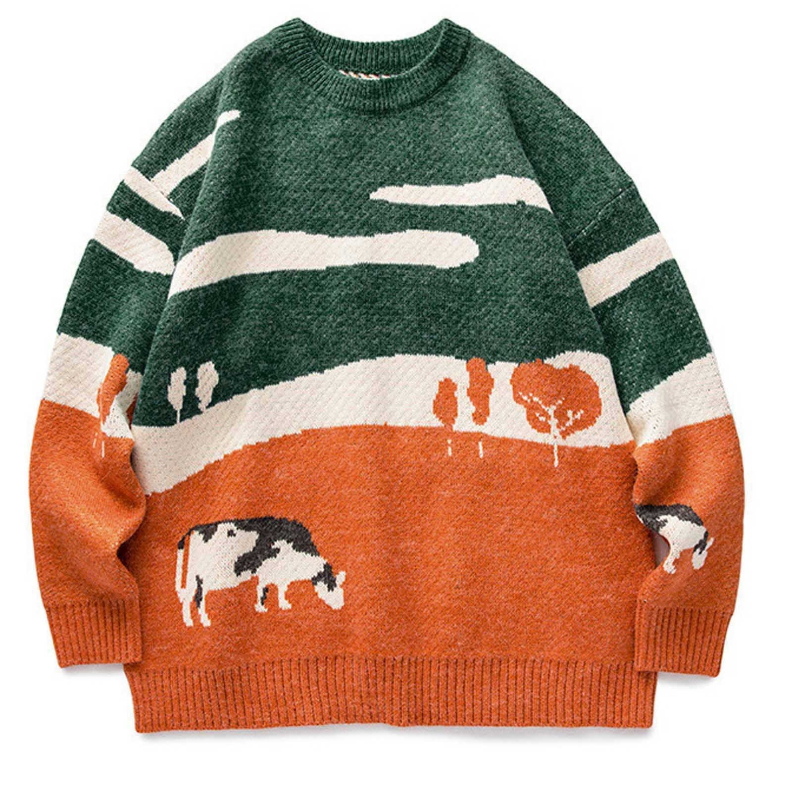 Tejiojio Fall Clearance Men Grassland Cow Vintage Oversize Long Sleeve Round Neck Knitted Pullove... | Walmart (US)