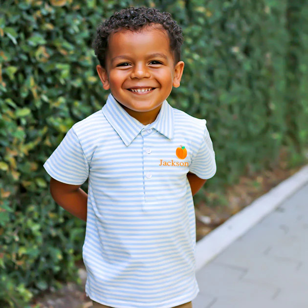 Blue Stripe Pumpkin Polo Shirt | Classic Whimsy