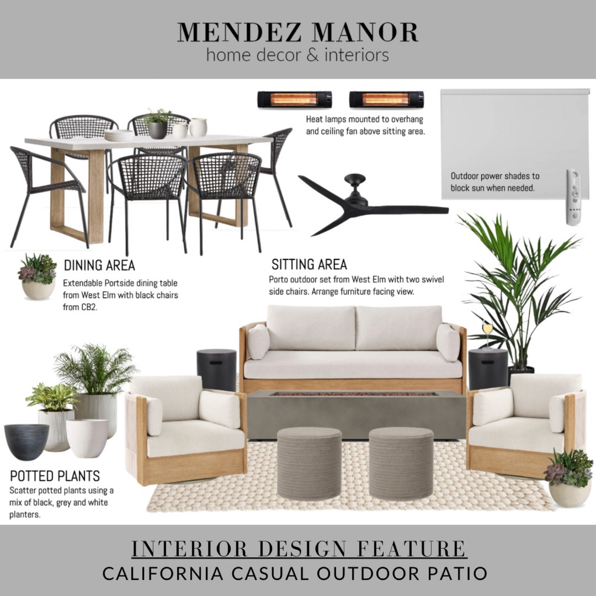 This is the 2D design board for my client’s back patio space. 

You can scroll through my shop feed to see some photos of the finished look! 

This is a long & narrow space with a dining and sitting area. Decked out with a fire pit table, power sun screens, outdoor heaters and a tv! 👏🏻
…………………………………………………………
With my online interior design services, I design, you implement, and together we create a cohesive design plan tailored to your style! 🙌🏻 Visit mendezmanor.com to learn more about my process. I would love to work with you! 🏡
…………………………………………………………
#patiofurniture #patiodesign #ltkhome #outdoorfurniture