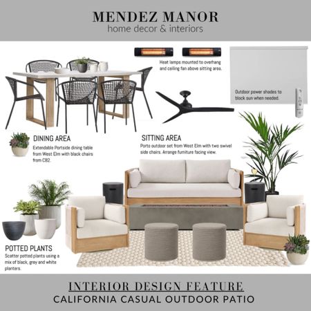 This is the 2D design board for my client’s back patio space. 

You can scroll through my shop feed to see some photos of the finished look! 

This is a long & narrow space with a dining and sitting area. Decked out with a fire pit table, power sun screens, outdoor heaters and a tv! 👏🏻
…………………………………………………………
With my online interior design services, I design, you implement, and together we create a cohesive design plan tailored to your style! 🙌🏻 Visit mendezmanor.com to learn more about my process. I would love to work with you! 🏡
…………………………………………………………
#patiofurniture #patiodesign #ltkhome #outdoorfurniture