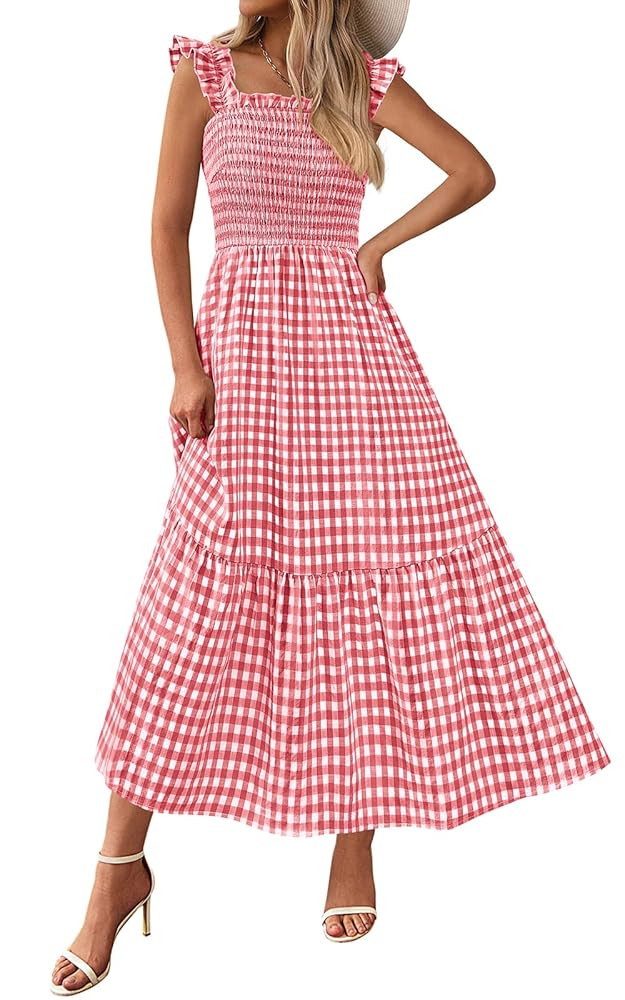 PRETTYGARDEN Womens Summer Dress Casual Square Neck Ruffle Strap Gingham Smocked Midi Flowy A Lin... | Amazon (US)
