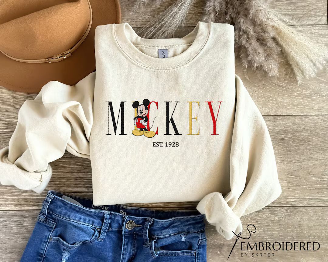 Custom Embroidered Mickey Mouse Sweatshirt, Disney Characters Embroidery Crewneck Sweater, Gift f... | Etsy (US)