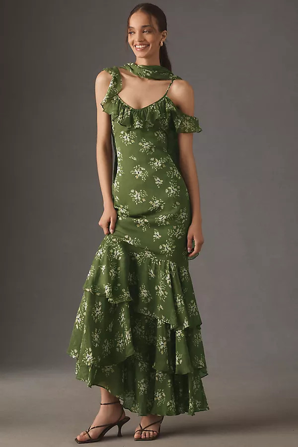 BHLDN Jules Off-Shoulder Ruffled Chiffon Maxi Dress | Anthropologie (US)