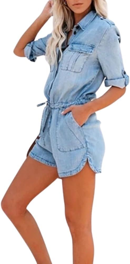 Kwoki Womens Casual Denim Short Jumpsuits Long Roll Up Sleeve Button Bodycon Jean Rompers | Amazon (US)