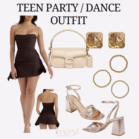 Fun, pretty, age appropriate outfit for teen parties and dances 
Homecoming Prom House of CB Strapless Dress Brown Satin Dress Coach Tabby Bag Badgley Mischka Sandal Rose Gold Shoes Baublebar Bracelet Nordstromm

#LTKstyletip #LTKparties #LTKwedding