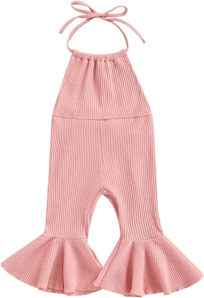 YOKJZJD Toddler Baby Girl Ribbed Romper Sleeveless Jumpsuit Overalls Bell Bottom Pants Leggings Summ | Amazon (US)