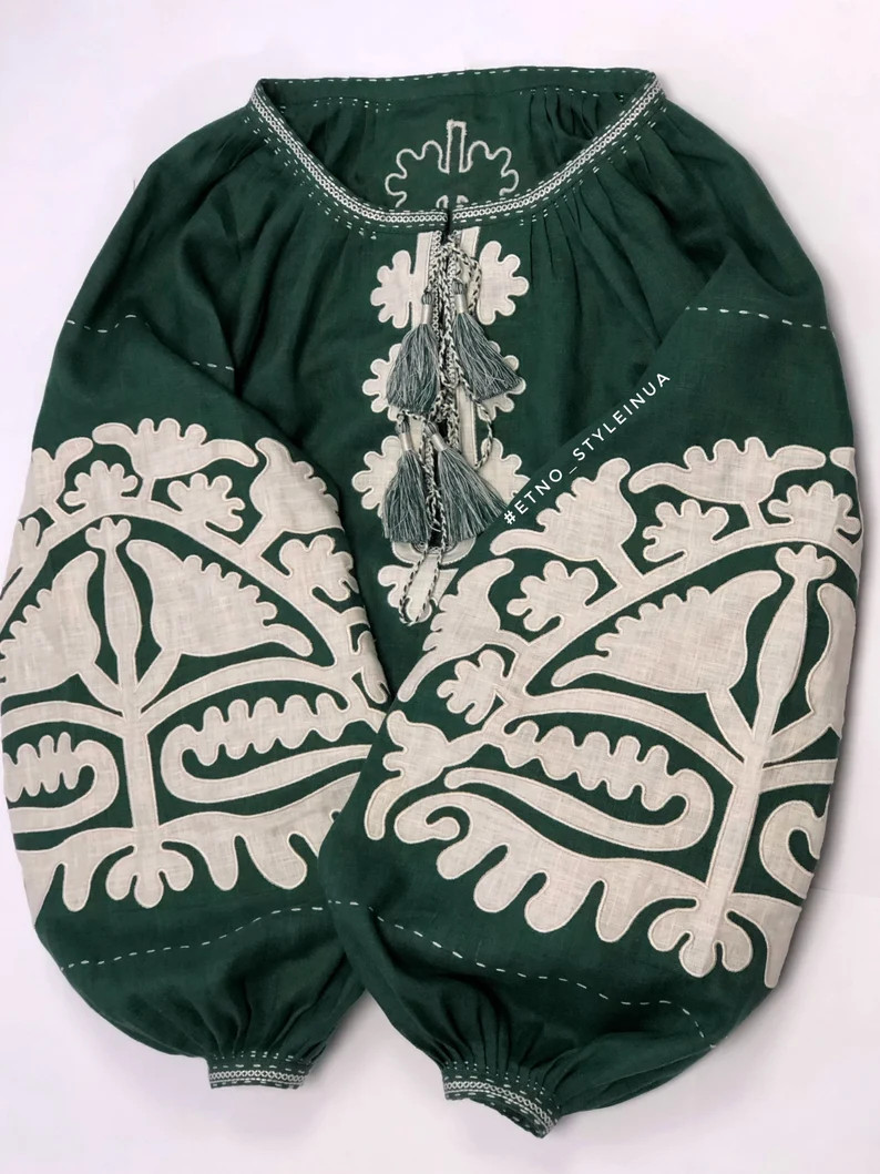 Ukrainian Embroidered Green Blouse With Milk Applique, Plus Size Boho Wedding Kaftan Vyshyvanka U... | Etsy (US)