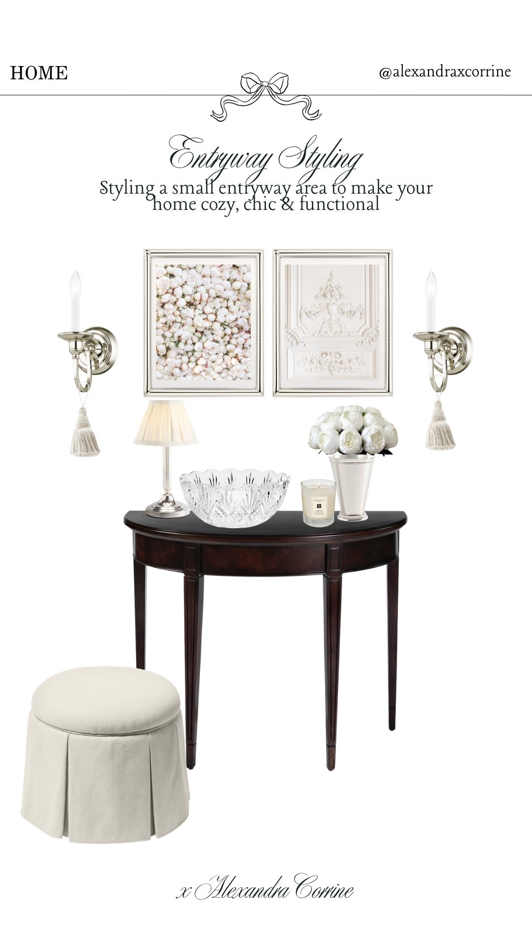 Entryway table styling 🕯️ a little chic entryway styling for a small area. Love how chic this little set up is! Let me know if you’d like to see more home styling 🤍

Home decor, home styling, small space, entryway table, console table, upholstered stool, chic home decor, Parisian, silver, crystal

#LTKFindsUnder100 #LTKHome
