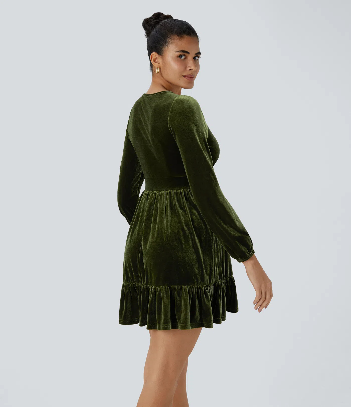 Women’s Everyday Deep V Neck Long Sleeve Ruffled Hem Velvet Mini Chill Dress - Halara | HALARA