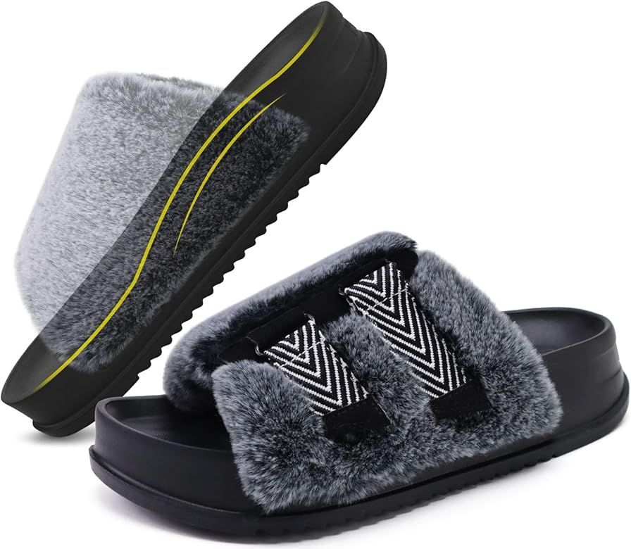 KuaiLu Women's Fluffy Slippers Plantar Fasciitis Arch Support Platform Slippers Ladies Fashion Op... | Amazon (US)
