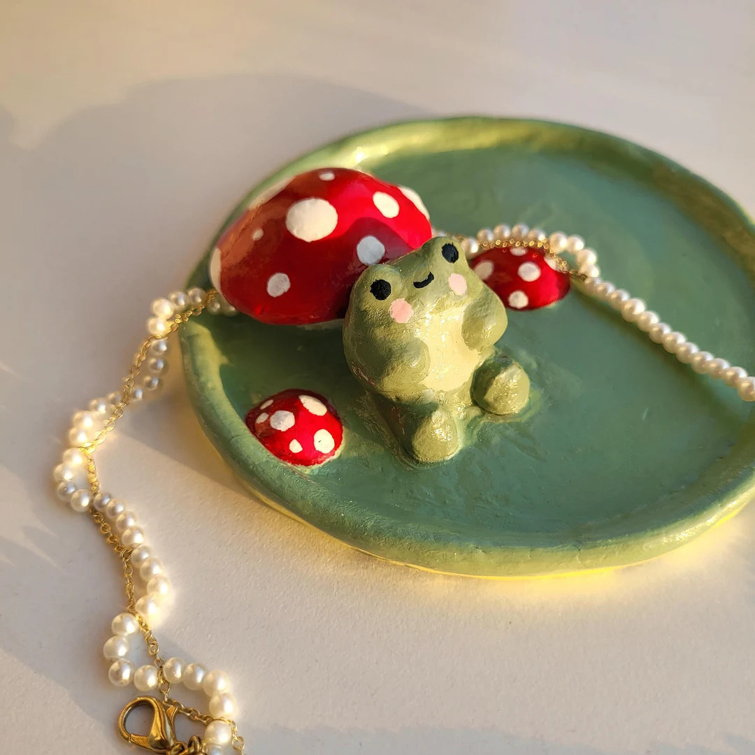 Frog Clay Dish - Mushroom Jewelry Tray Painted Ceramic Plate , Frog Ring Dish , Cute Clay Frog Tr... | Etsy (US)