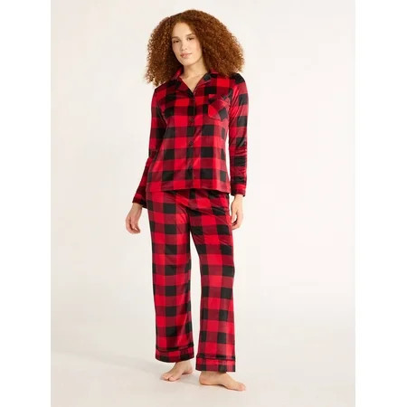 Joyspun Women's Velour Notch Collar Top and Pants Pajama Set, 2-Piece, Sizes S-3X | Walmart (US)