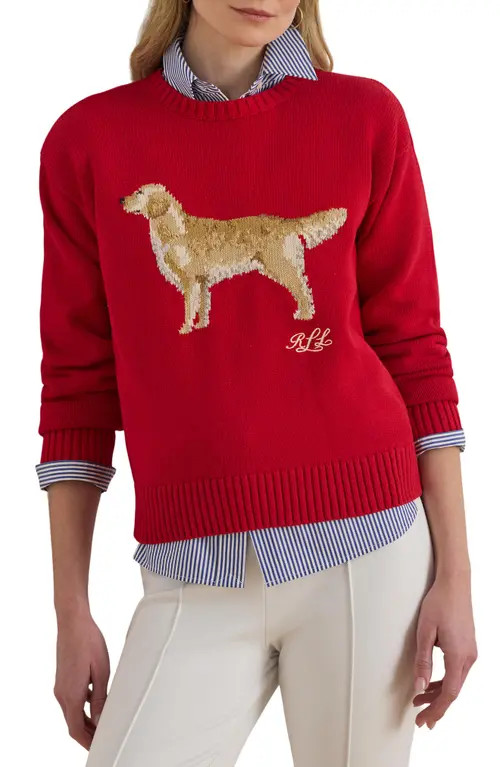 Lauren Ralph Lauren Golden Retriever Cotton Intarsia Sweater in Cruise Red Multi at Nordstrom, Size Small | Nordstrom