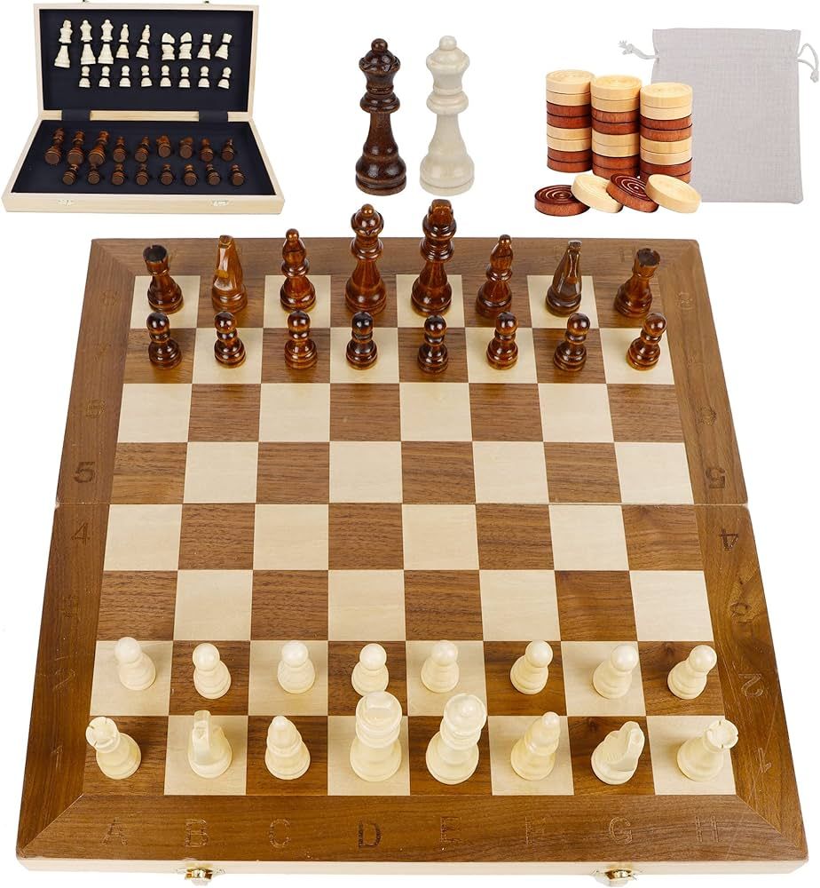 Juegoal 17" Wooden Chess & Checkers Set, 2 in 1 Board Games for Kids and Adults, with Felted Game... | Amazon (US)