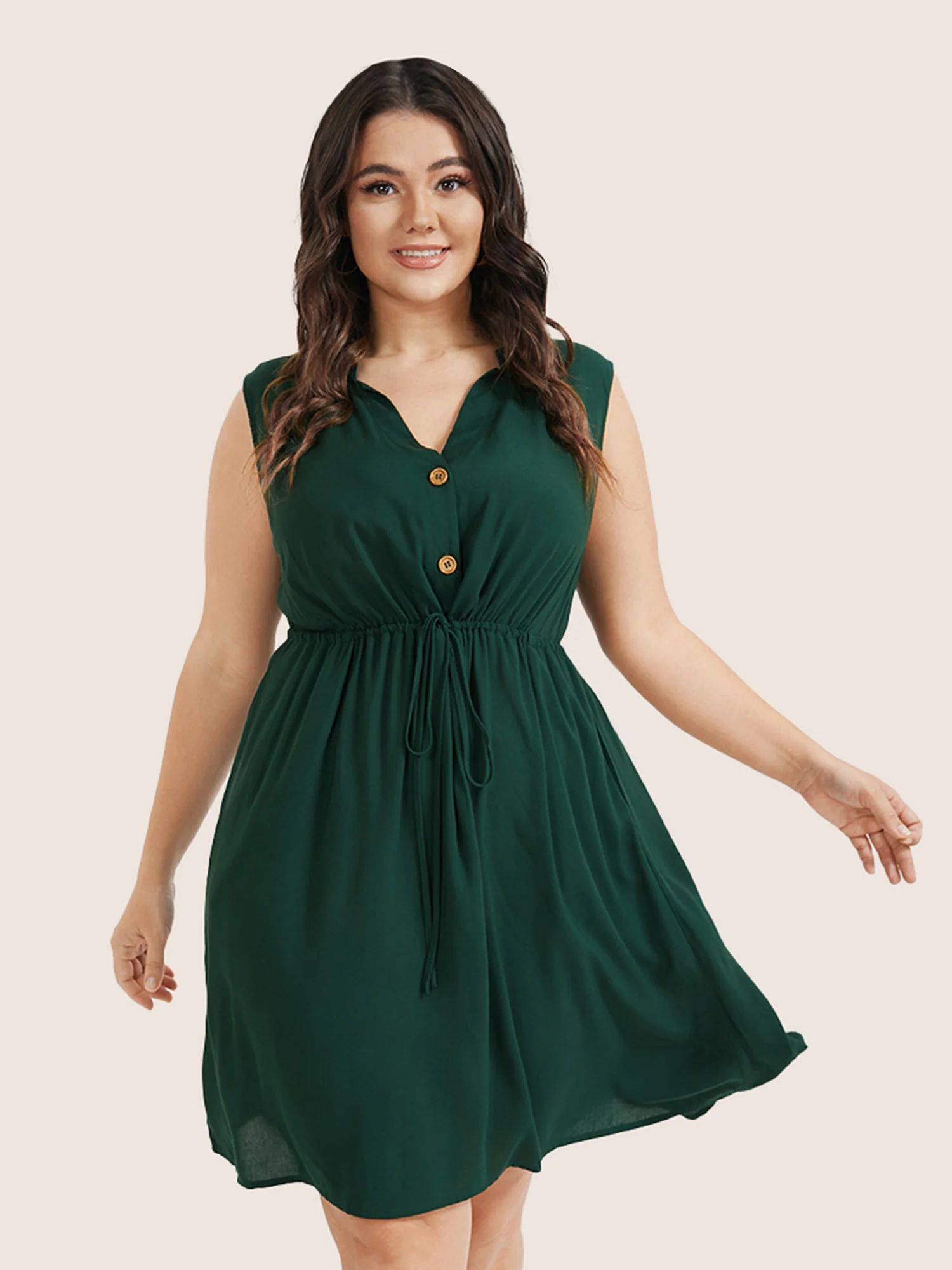 Plain Ties Front Button Pocket V Neck Dress | Bloomchic